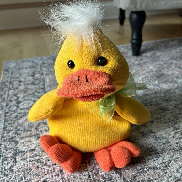 Just Friends Other - Chosun 1999 Just Friends Yellow Easter Duck 12" Plush Green Bow Bean Bag Bottom